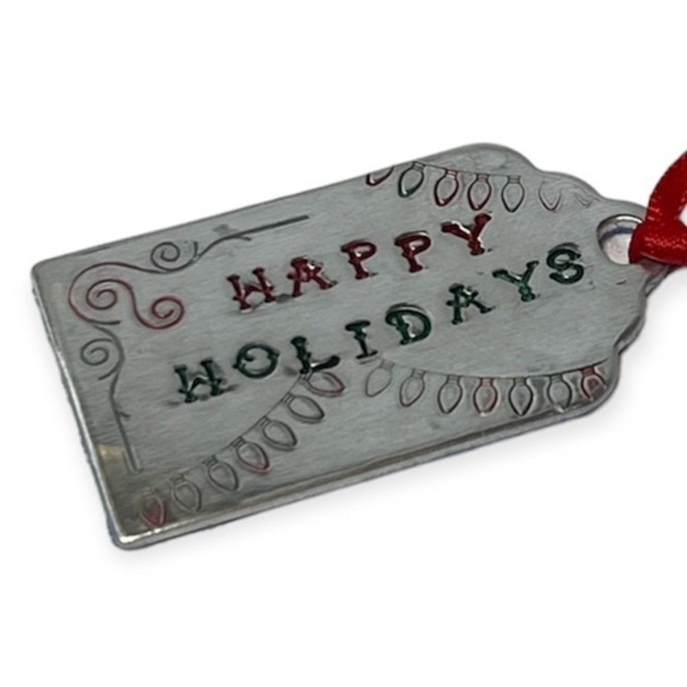 Handmade Holiday stamped happy holidays Silver aluminum red ribbon ornament - Picture 4 of 4